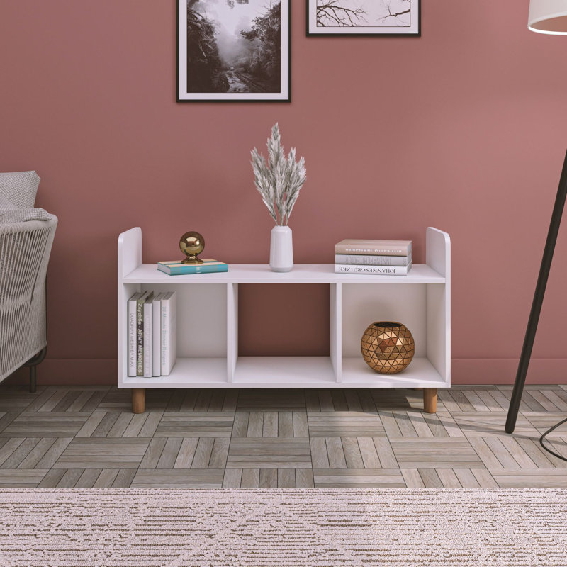 Meuble télé blanc moderne avec pieds en bois, panneau de particules 100% mélaminé, 45,4 po x 24,8 po x 14,2 po | Nombreuses tablettes, fixation murale | Conception élégante et fonctionnelle pour le salon ou l'espace de divertissement
