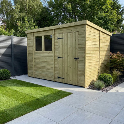 Total Sheds 13ft x 9ft Pent Garden Shed - Single Door - With Windows - Pressure Treated Timber - UK Manufactured