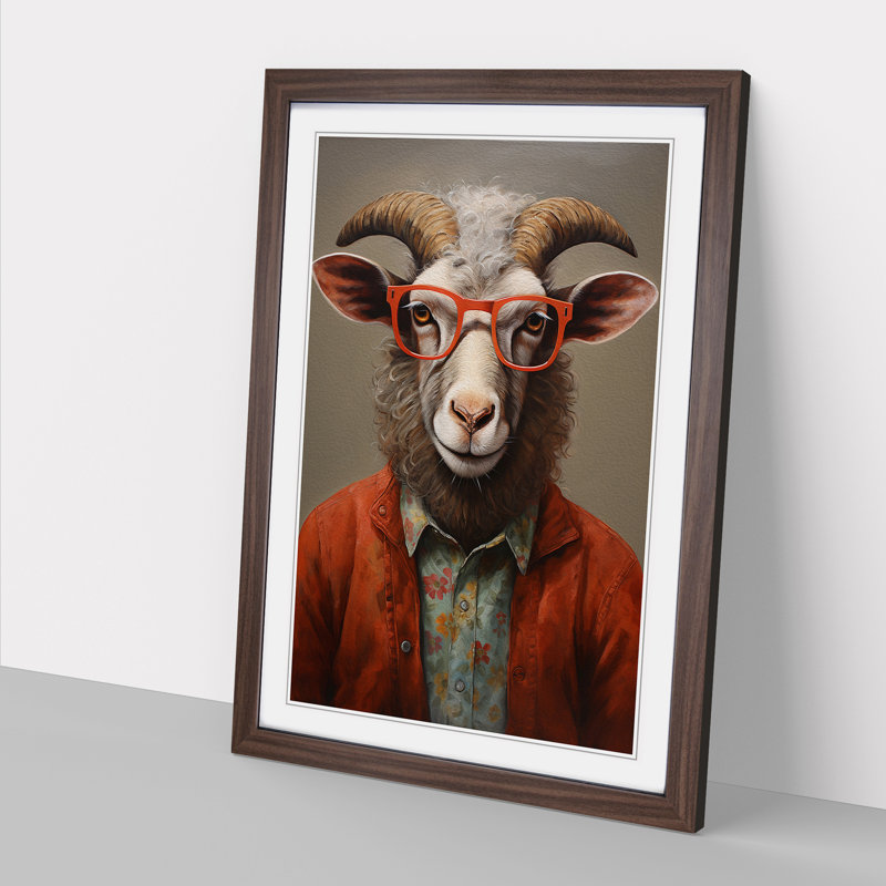 Ram Sheep With Glasses Painting - Single Picture Frame Print on Wood, Walnut Framed, 64cm H x 46cm W x 2cm D