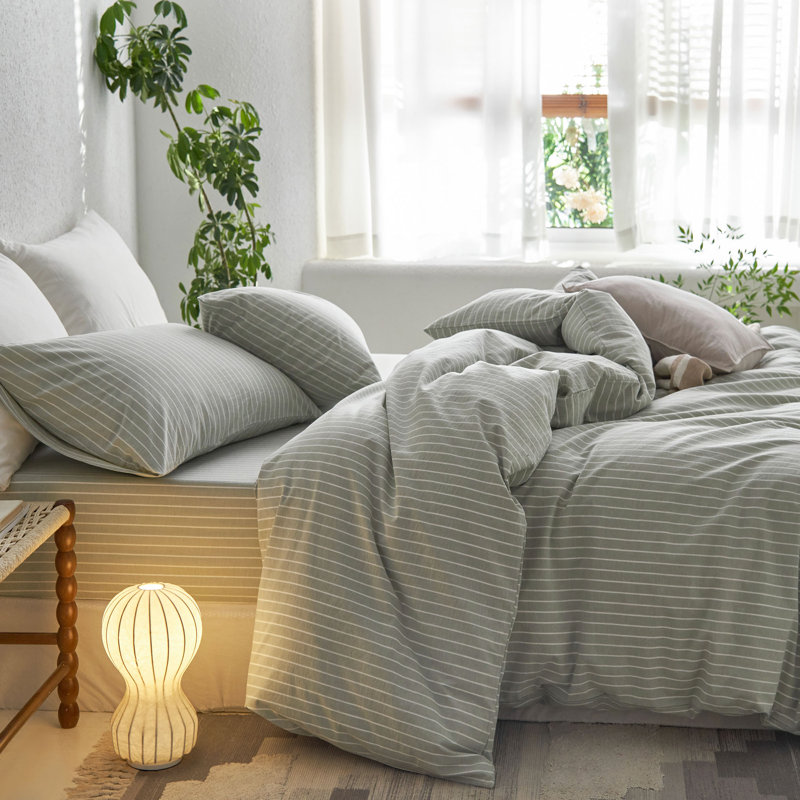 MooMee Striped Duvet Cover Set 100% Washed Cotton Linen Like Textured, Wide Stripes - Sage Green/White