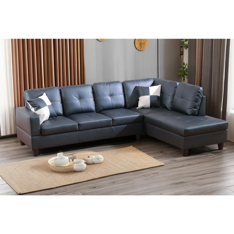 Bawan Faux Leather L-Shaped Sectional, Right Hand Facing, Black Faux Leather