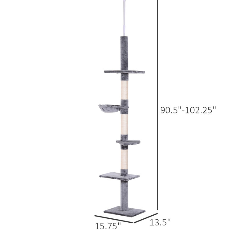 Arbre à chat 9 pi - Gris et blanc Hauteur réglable de 90,5 po à 104,35 po, 5 plateformes, 3 zones de grattage sur corde, fabrication stable en panneau de particules, coussin court chaud de 220 g / m², vos meubles