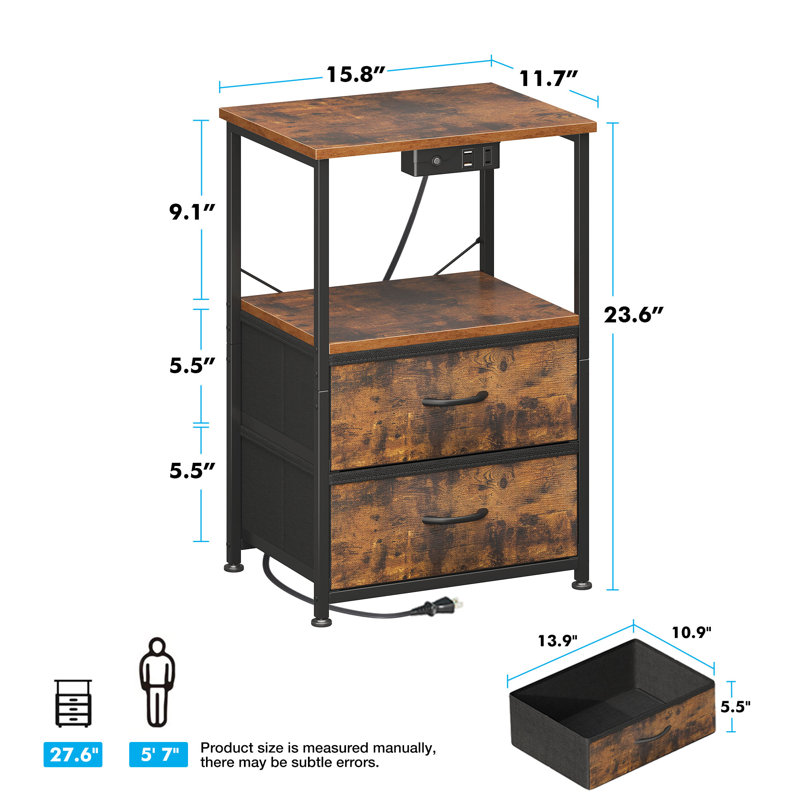 Nightstand With 2 Fabric Drawers,modern Bedside Table With Power Outlets,everyday Side Table With Led Light Strip,end Table With A Large Storage Shelf
