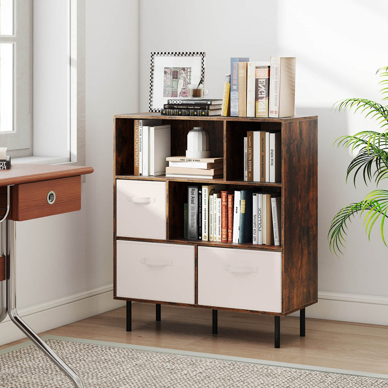 6-Cube Bookcase with 3 Removable Folding Fabric Drawers 2 Anti-tip Devices for Home Rustic Brown