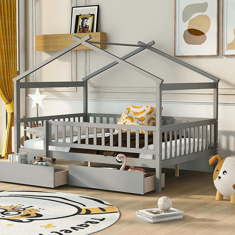Lit double en bois avec deux tiroirs, gris, Gris