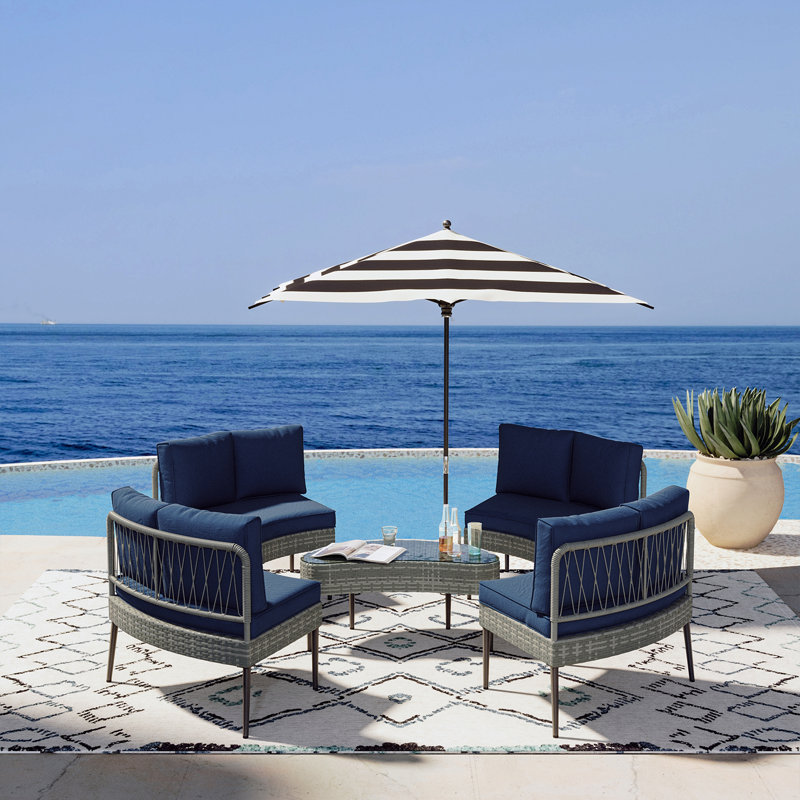 Ensemble de conversation modulaire en rotin avec coussins 5 pièces Jordayn (ensemble de 4), Bleu marine