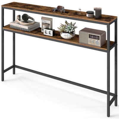 Console pour couloir, table de canapé mince à 2 niveaux, 20 x 120 x 80 cm, table de couloir avec 2 tablettes, pour le salon, la chambre à coucher, brun rustique et noir encre
