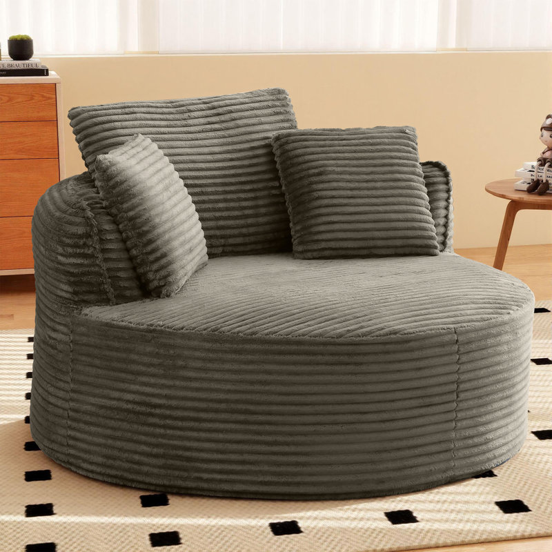 53" Oversized Boneless Round Accent Chair – Plush Corduroy Upholstery Chaise Longue Chair Indoor, Camel