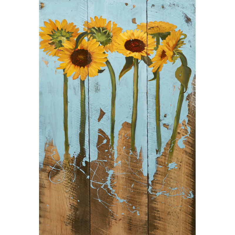 Tournesols sur bois II, H 12 po x l 8 po x P 1,25 po