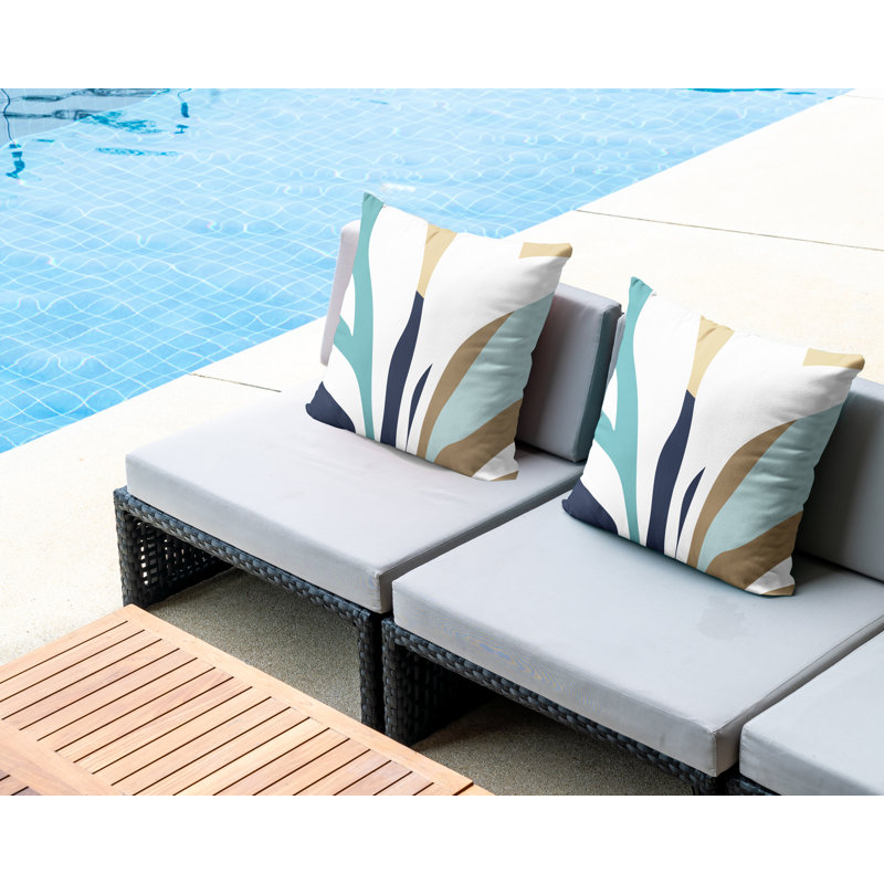 Outdoor Reversible Throw Pillow, 15W" x 15H", Turquoise/Navy Blue/Beige