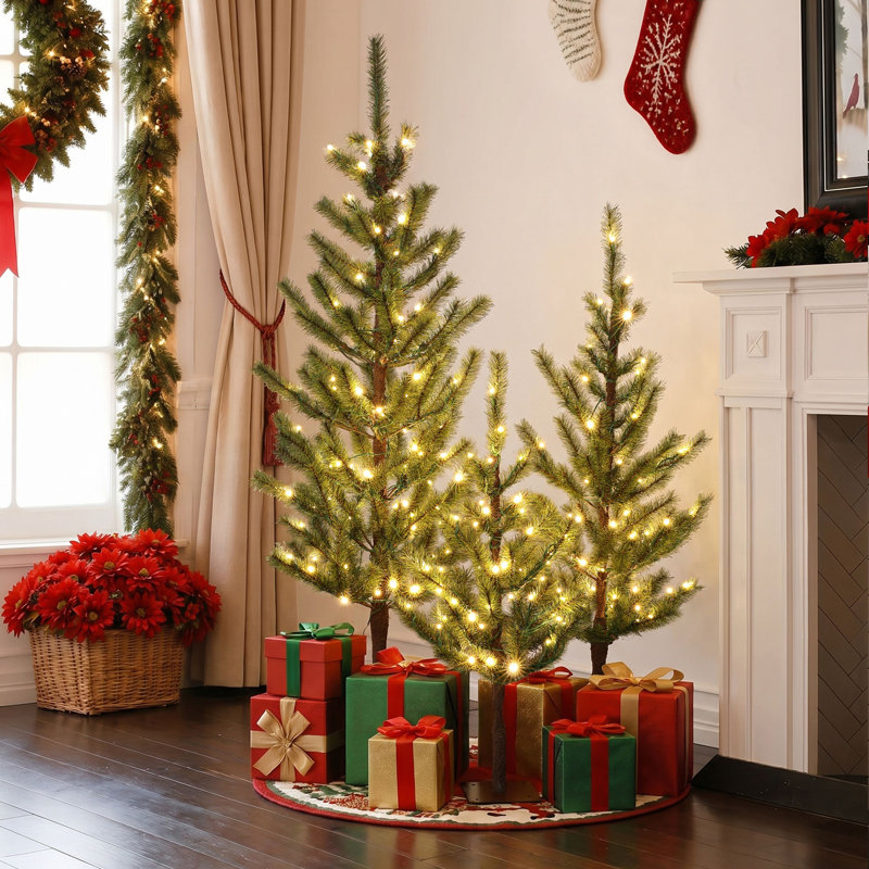 Ensemble de 3 sapins de Noël artificiels préilluminés avec lumières DEL blanc chaud, sapins clairsemés avec bases en métal