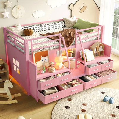 Twin Low Loft Bed with Storage Stairs, Fabric Drawers & Side Shelves, Metal Frame Loft Bed with LED Lights, Space Saving Underbed Storage, White