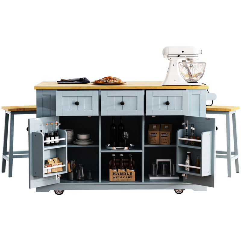 Grey Blue Kitchen Island With 2 Stool Chairs, Power Outlet Coupling, Internal Storage Space, Drop Leaf, 3 Drawers, 5 Side