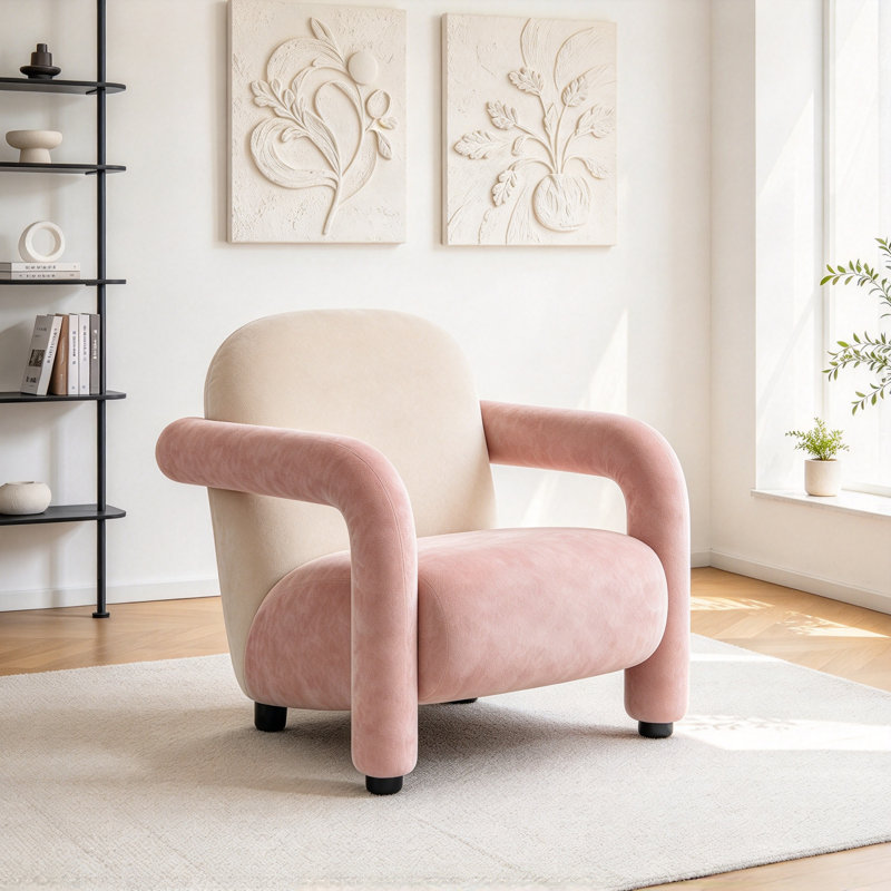 Chaise simple Sleek de style crème, Pink/Beige Fabric
