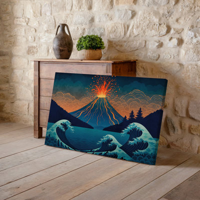 Toile, paysage volcanique dramatique et vibrant avec art mural volcanique éruptif avec lave ardente et cendres sur toile