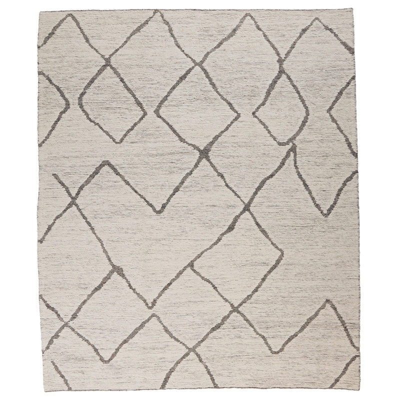 Showa Hand Knotted Wool Abstract Area Rug in Gray/White/Black, Rectangle 10' x 14'