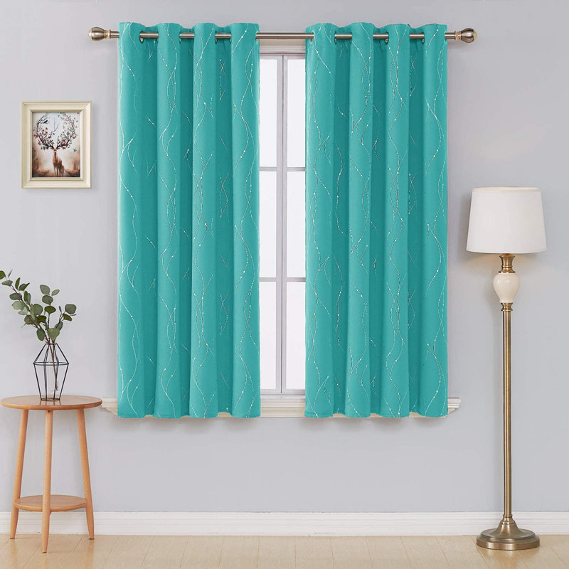 Senath Dotted Line Foil Printed Room Darkening Thermal Curtains, 117cm W x 183cm D, Turquoise