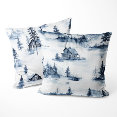 Winter Rustic Cabin In The Woods - Rustic Lodge Blue Printed Throw Pillow