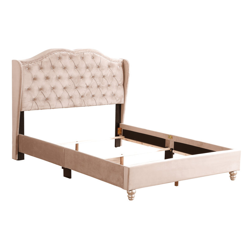 Grand lit tapissier beige en velours, beauté transitionnelle, support
