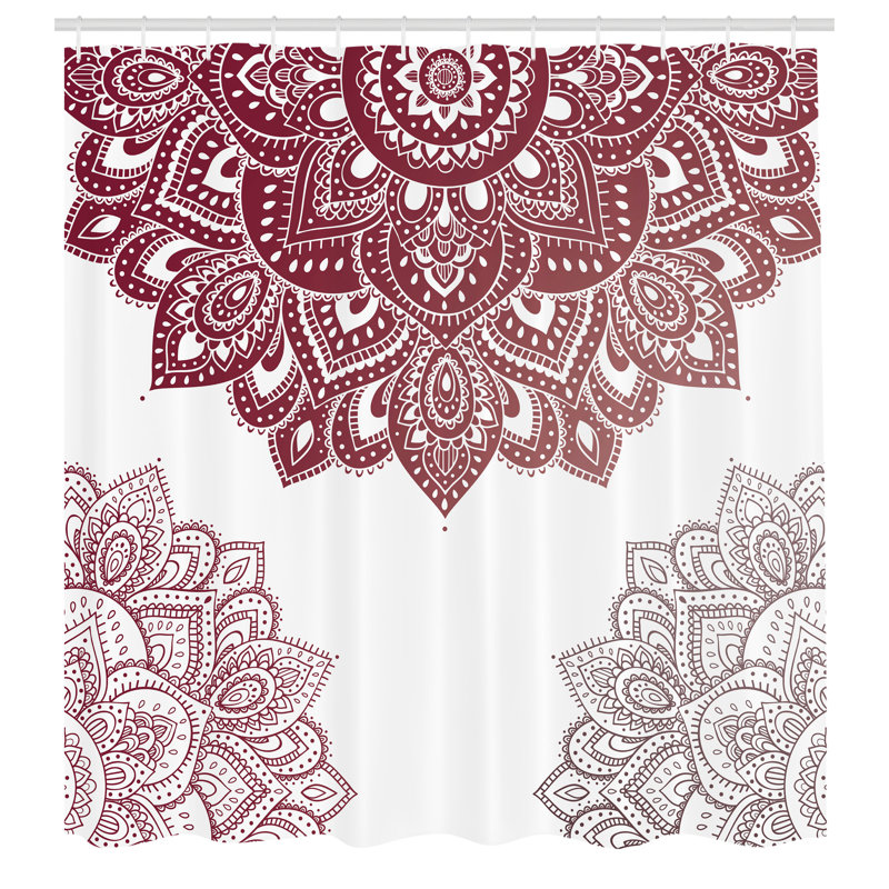 Maroon and White Ornamental Floral Fabric Shower Curtain