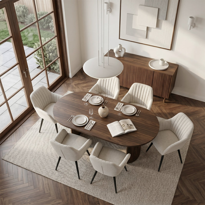 7-Piece Modern Oval Dining Table Set With Upholstered Arm Chairs, Beige