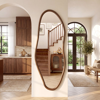 Organic Full Length Mirror With Walnut Solid Wood Frame, Asymmetrical Decorative Wall Mirror For Bedroom, Entryway, Living Room & Dressing Room
