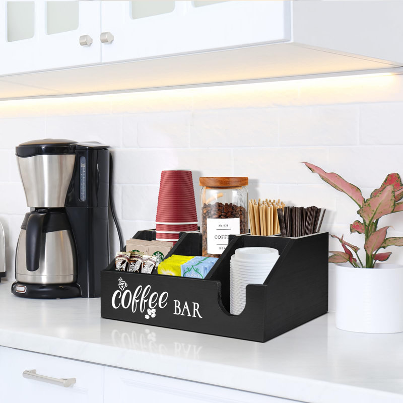 Organisateur de bar à café rustique - Porte-dosette en bois et panier de rangement de tasses pour le comptoir - Organisateur de condiments à sucre et à thé K-Cup