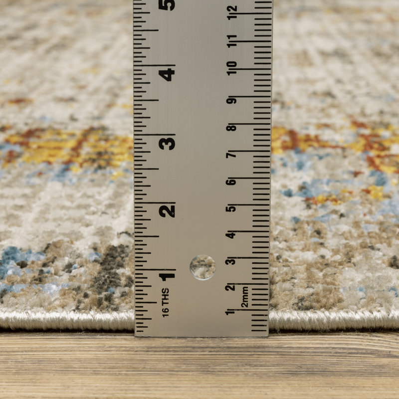 Tapis rectangulaire abstrait tissé à la machine en beige / or / bleu, Tapis de couloir 2 pi 3 po x 7 pi 6 po