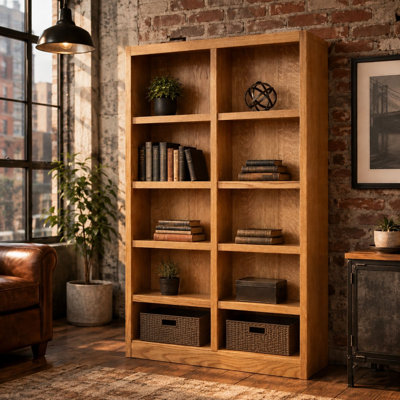 Patro Double Wide Solid Wood Veneer Bookcase, 10 Shelf, 72 inch Tall