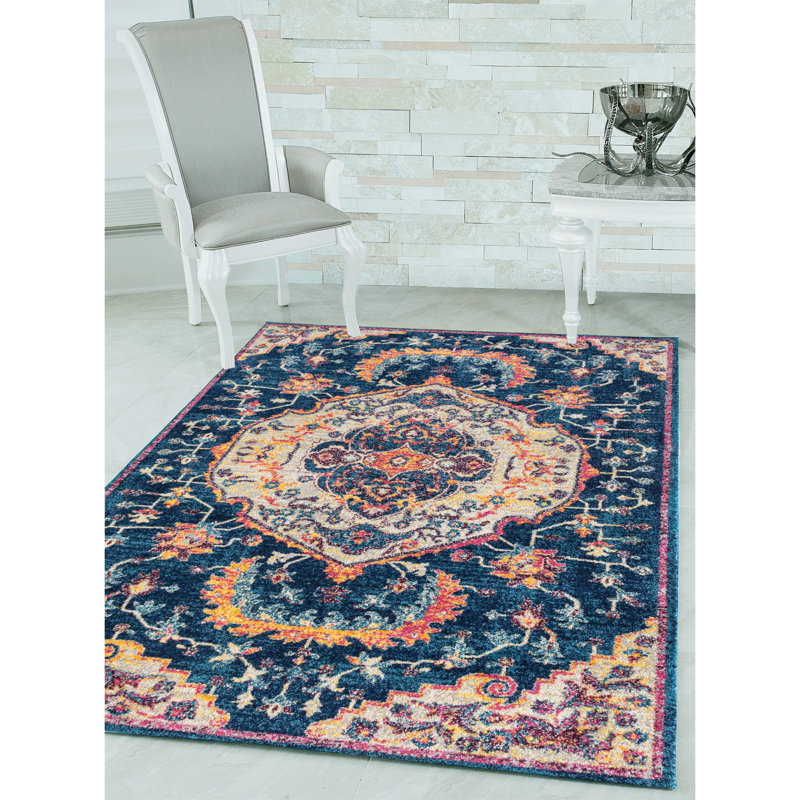 Tapis bleu à motif médaillon, Tapis de couloir 2 pi 7 po x 7 pi 2 po