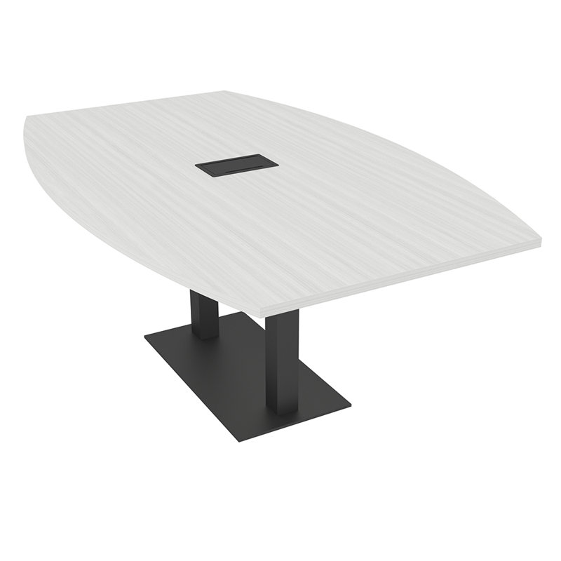 Table de conférence en forme de bateau avec base en métal double | Unité électrique, L 84 po x l 48 po, Cyprès blanc
