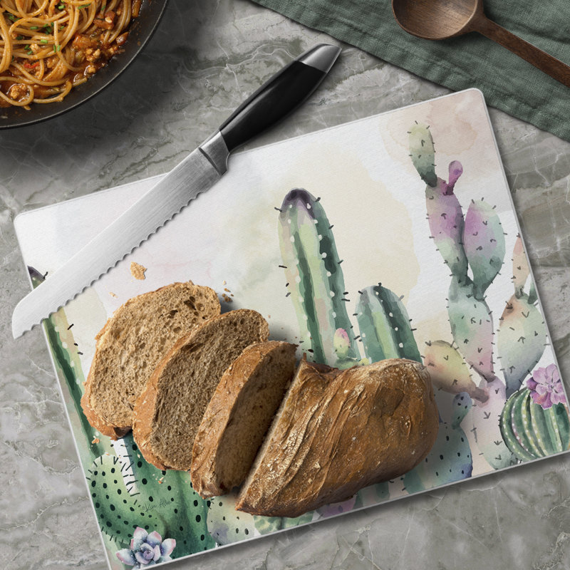 Watercolor Cactus Tempered Glass Rectangular Cutting Board
