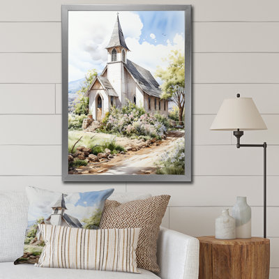 Aquarelle de la chapelle de mariage blanc au printemps rustique