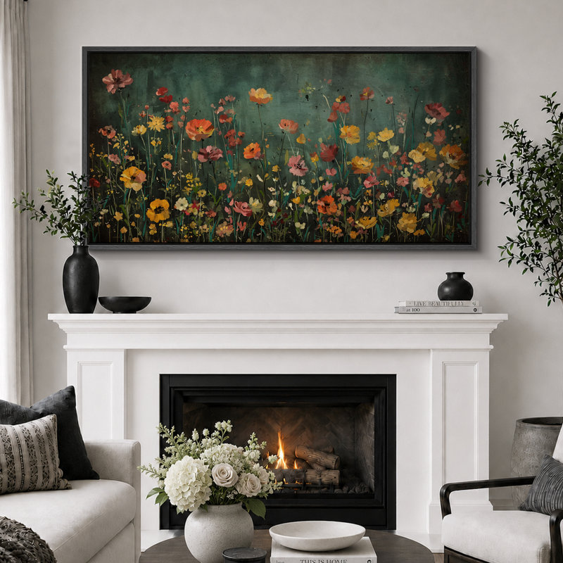 Moody Green Wildflower Florals Modern Decor, très grandes photos, impression sur toile encadrée, H 30 po x l 60 po