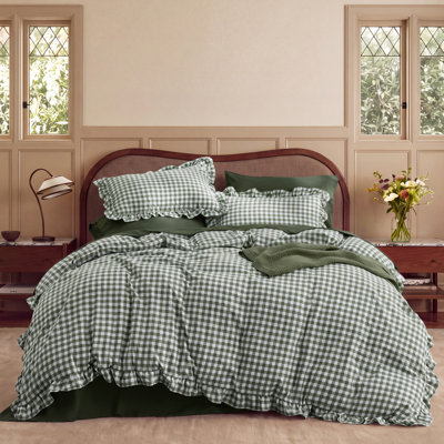 Ensemble de housse de couette à volants Bed Gingham, ensemble de housse d'édredon à carreaux en microfibre prélavée douce, ensemble de literie de style maison de campagne rétro, fermeture à glissière, PAS d'édredon