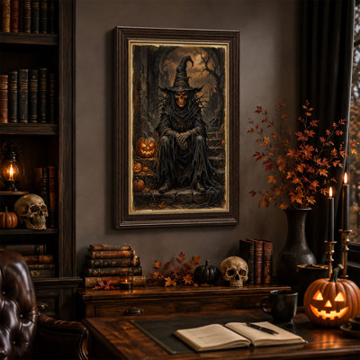 Dark Skeleton Witch Sitting On Stone Steps Halloween Canvas Wall Art