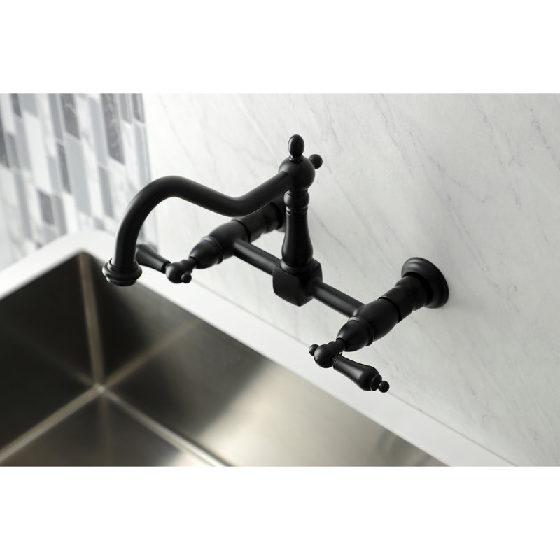 Kingston Brass Heritage Double-Handle 2-Hole Wall-Mount Bridge Kitchen Faucet, Matte Black