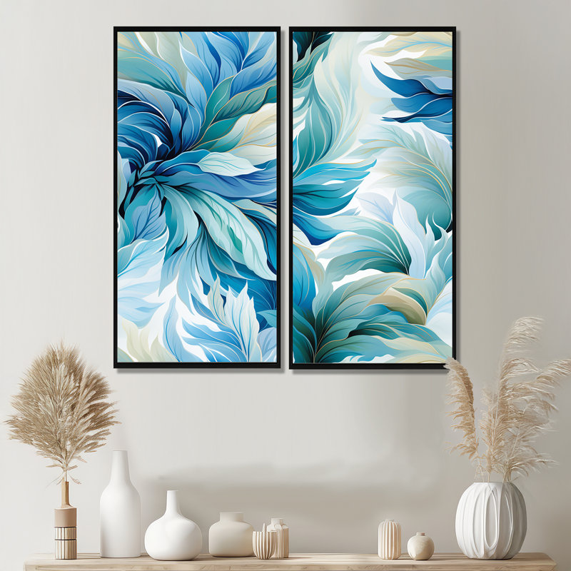 «Oceanic Mirage Tropical» - art mural bleu tropical, H 32 po x l 32 po, Impression encadrée flottante, Noir