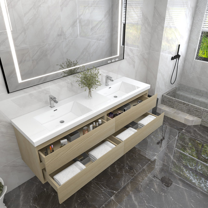 Damilola 72 " W Wall Mounted Wall Mounted 2 Double Vanity Bathroom Vanity With Acrylic Top, White Oak