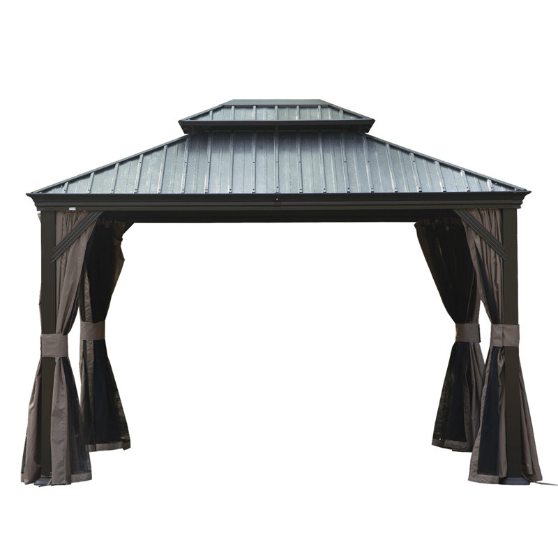 10' X 12' Hardtop Gazebo, Upgraded Metal Gazebo With Drainage System, Dual-Layer Galvanized Steel Roof, Curtain And Netting, Outdoor Shelter Canopy For Patio, Garden, And Backyard, Brown