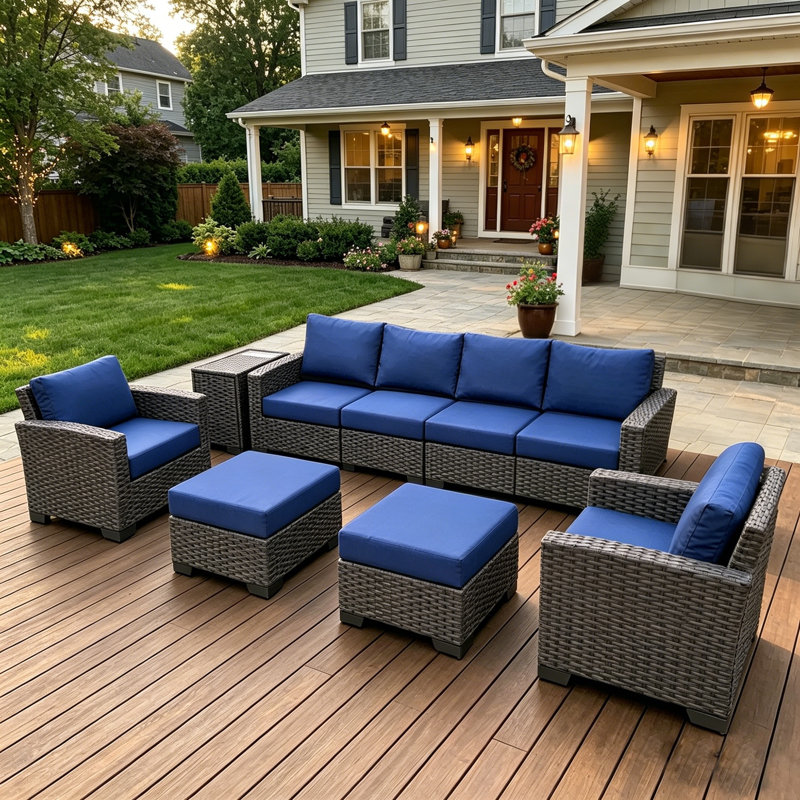 Patio conversation set of 9, with ice bucket function storage side table , Navy