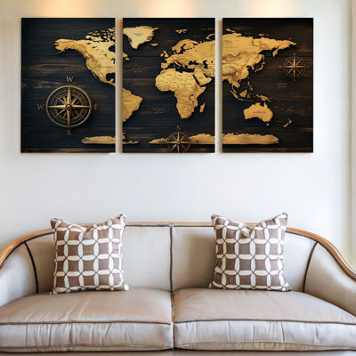 3 Pieces World Map Large Wall Art with Compass Design, Three Pieces Wall Art for Living Room, Bedroom, and Office Decor, Ready to Hang, Gallery Style