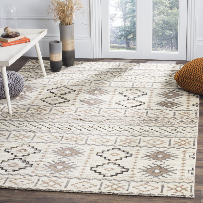 Tapis de zone beige en laine noué la à la main Palni, Rectangle 6 pi x 9 pi