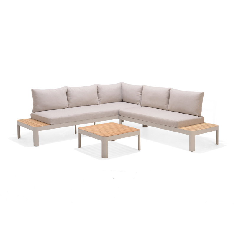 Ensemble de conversation modulaire en teck avec coussin 3 pièces Izac, Écru, Sable corail