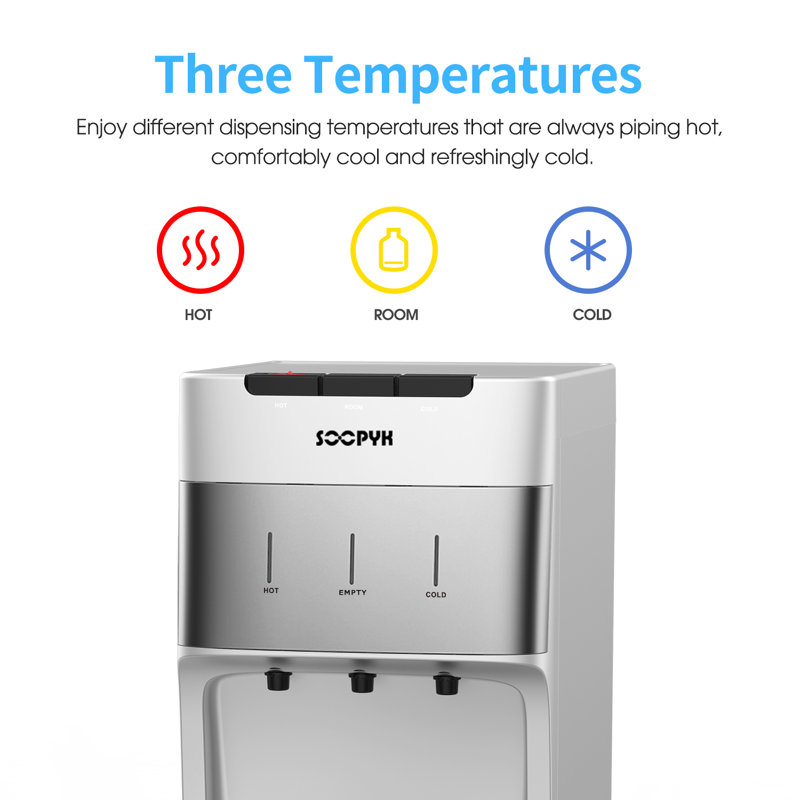 Soopyk Self Cleaning Bottom Loading Water Cooler Dispenser For 3-5 Gallon Bottles 3 Temperatures, Child Safety Lock, Led Display With Empty Bottle Alert, Silver