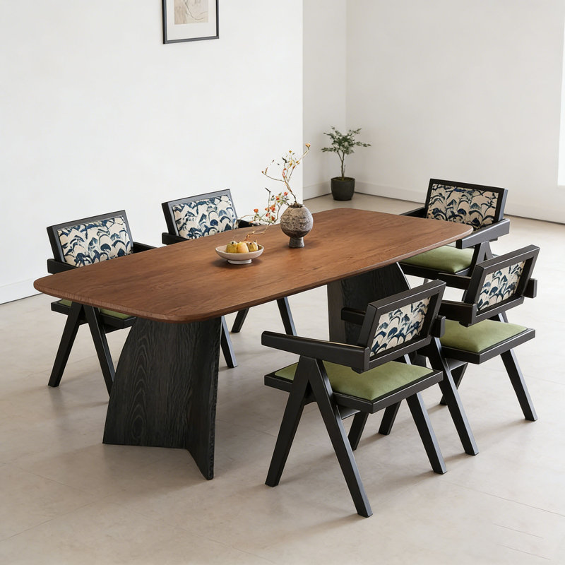 Table rectangulaire Mid-Century en noyer épais, H 29,5 po x l 55,1 po x P 31,5 po, 7 pièces : table, 6 chaises