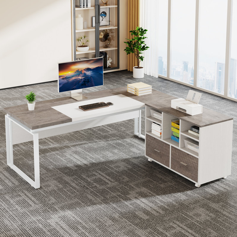 Burgener L-Shape Executive Desk with File Cabinet, Gray/White