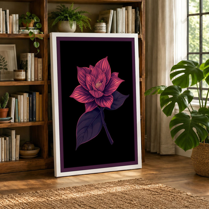 Lotus in Magenta Botanical - Wrapped Canvas, 18x12 - 45.7 x 30.5 cm, Ochre Border