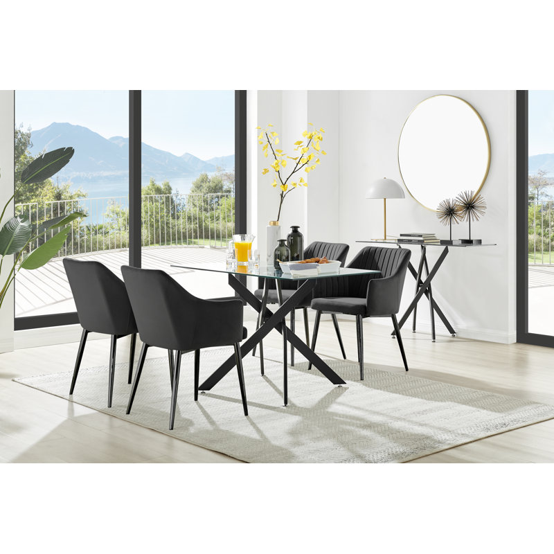 Lenworth Modern Black Metal and Glass Dining Table Set with 4 Velvet Upholstered Dining Chairs