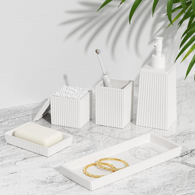 Ensemble d'accessoires de salle de bain en céramique 5PCS, ensembles de salle de bain avec distributeur de savon